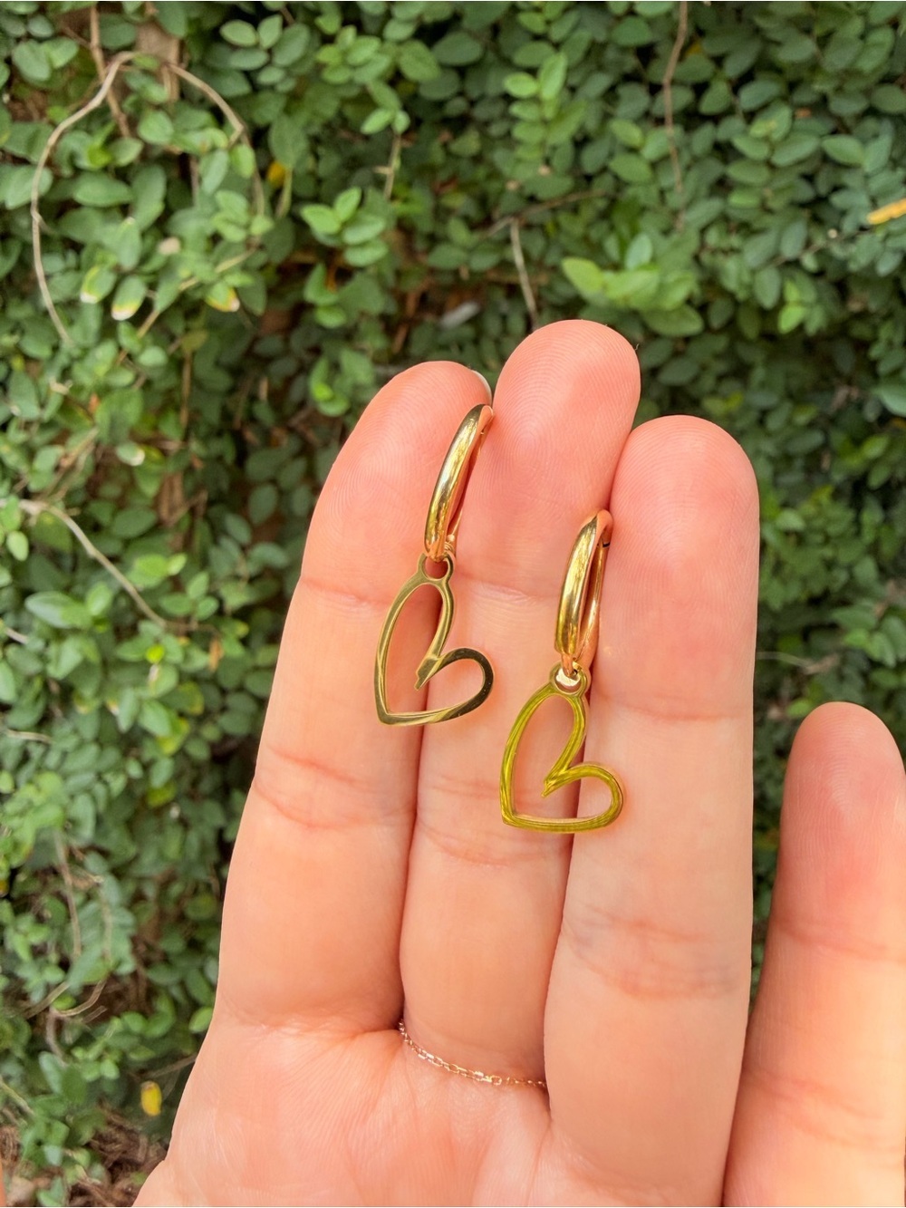 Gold Heart Hoop Drop Earrings - Stainless Steel - Picture 6 of 8